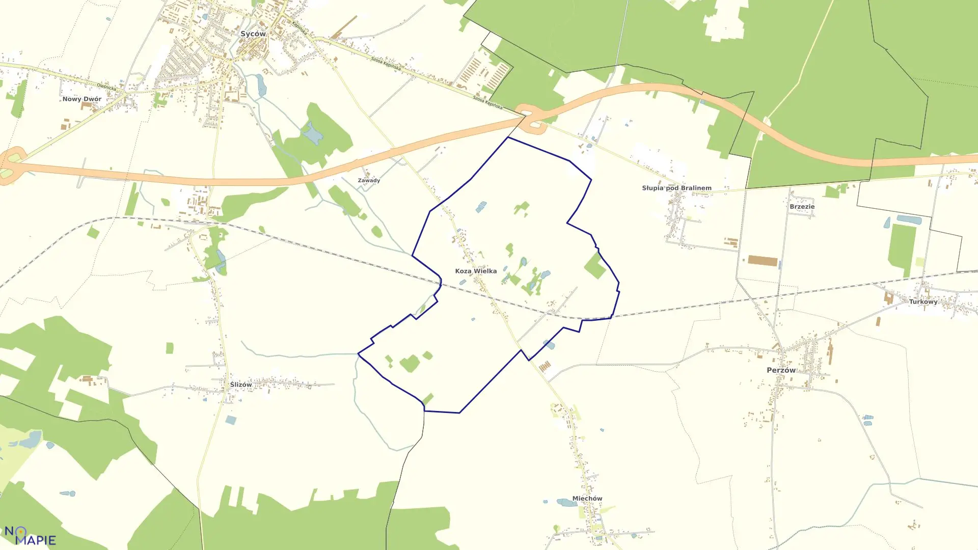 Mapa obrębu KOZA WIELKA w gminie Perzów